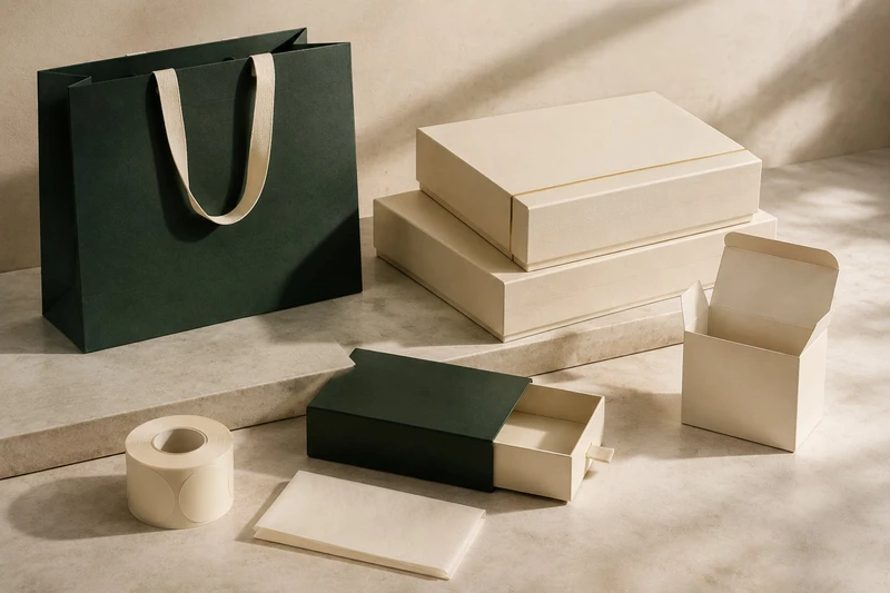 Un ensemble coordonné de boîtes, sacs en papier et détails d’emballage