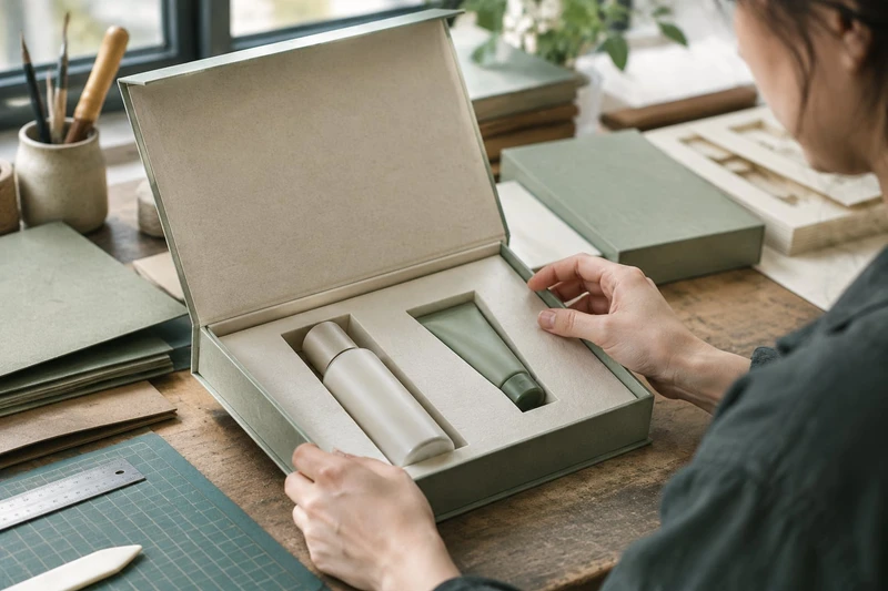 Un designer d’emballages vérifiant des produits échantillons dans un insert de boîte cadeau ajusté