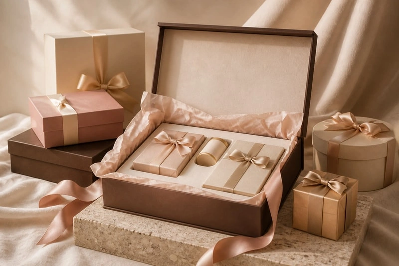 Disposition illustrative d’emballages cadeaux personnalisés sans marque