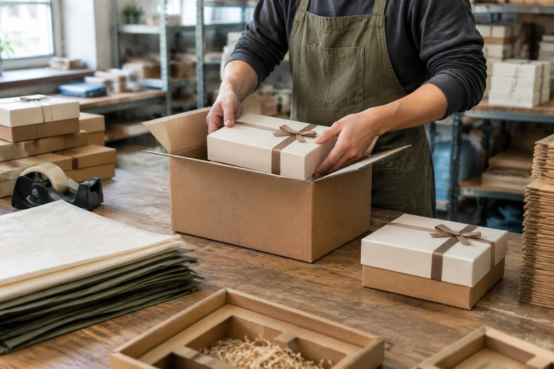 Un ouvrier de l’emballage plaçant une boîte cadeau finie dans un carton d’expédition