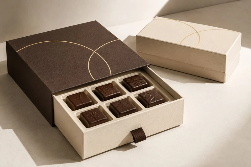 Boîte tiroir pour chocolats avec calage en papier ajusté et détails dorés