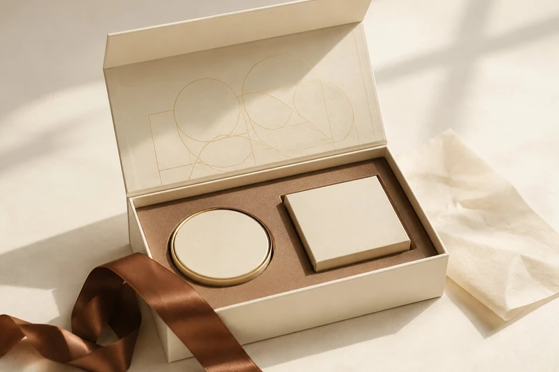 Boîte cadeau crème ouverte avec calages coordonnés, détails dorés et ruban marron