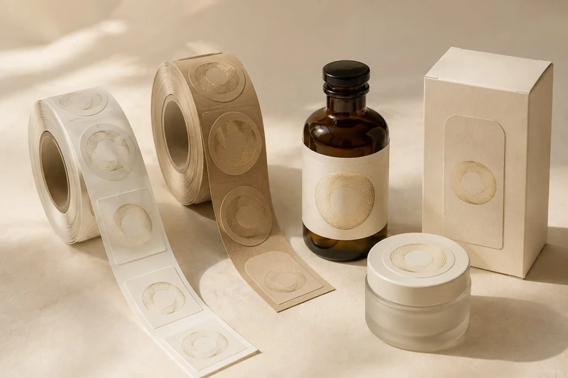 Rouleaux d'étiquettes personnalisées crème et kraft avec étiquettes assorties sur des bouteilles et des étuis