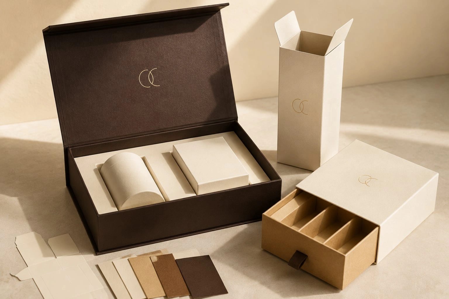 Une collection coordonnée de boîtes d’emballage personnalisées crème, kraft et marron