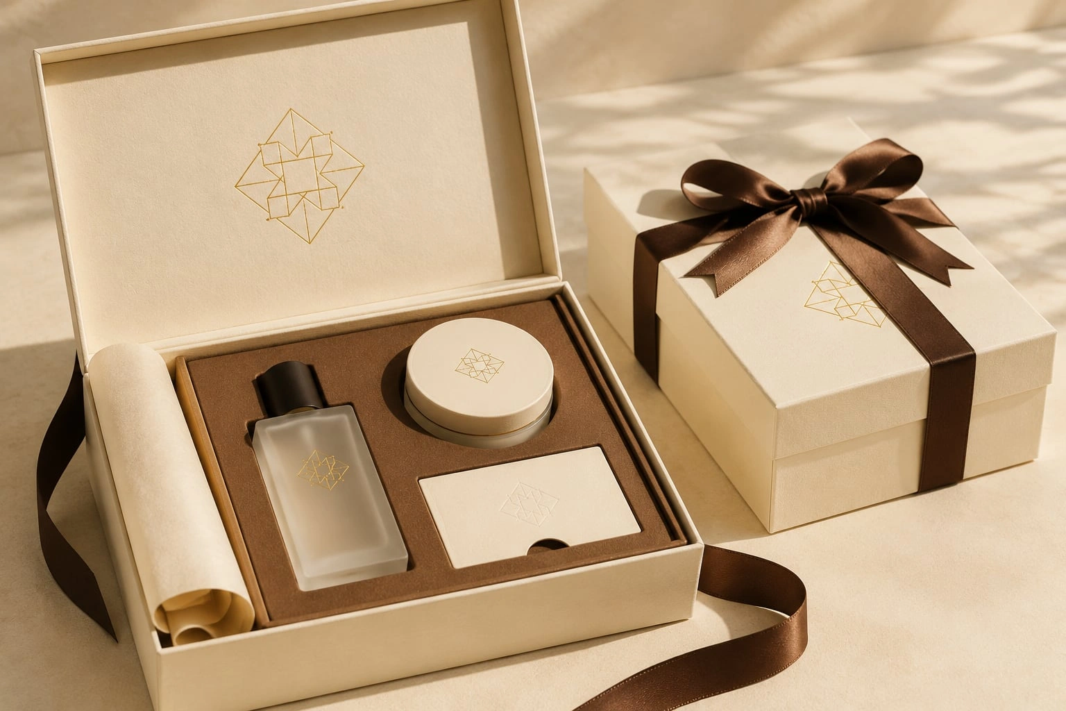 Une boîte cadeau crème ouverte avec un calage sur mesure, un ruban marron chaud et des emballages cadeaux assortis