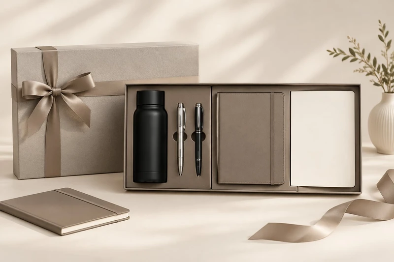 Boîte cadeau d’entreprise coordonnée avec un carnet, une bouteille et un stylo