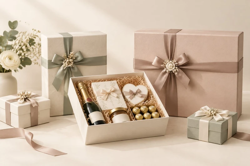 Boîtes cadeaux raffinées pour mariages et événements avec détails en ruban