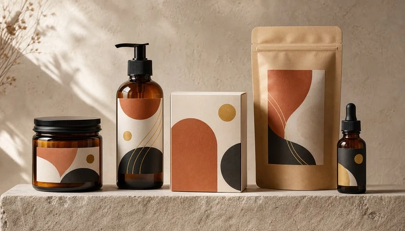 Étiquettes produit appliquées sur une bouteille ambrée, un pot, un carton et un sachet