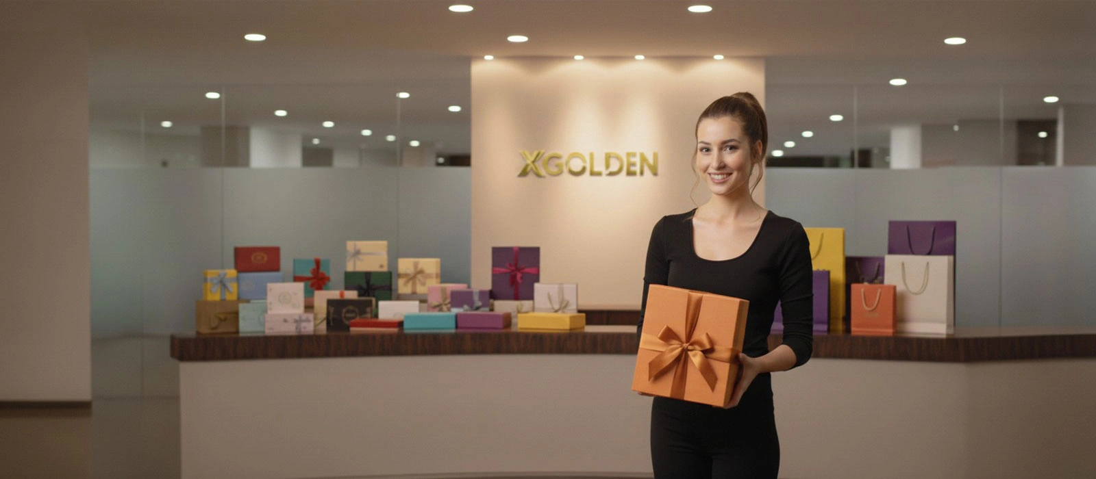 Salle d’exposition des emballages XGolden avec des coffrets cadeaux et une collaboratrice tenant une boîte ornée d’un ruban